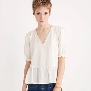 Madewell Courtyard White Ruffle-Hem Peplum Blouse, XS
